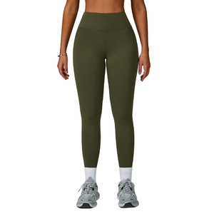 Women's high waist yoga pants in olive green with seamless tummy control and elastic fit