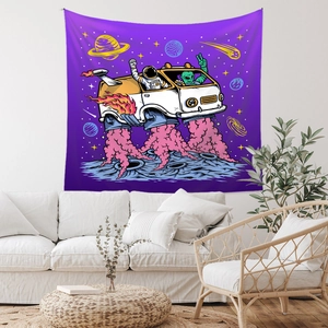 Detail of vibrant purple tapestry featuring a cartoon astronaut and alien on space bus