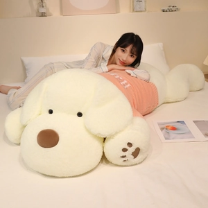 Large plush white dog toy in orange 'Happy' sweater, soft giant stuffed animal pillow