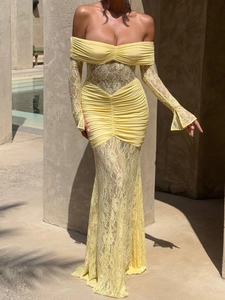 Pale yellow off-shoulder lace maxi dress with bell sleeves and mermaid silhouette
