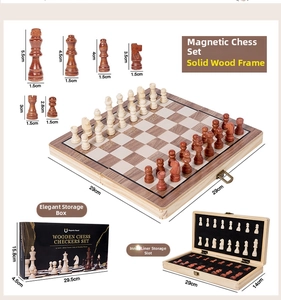 Detail showing 29cm folding magnetic wooden chess set with dimensions and storage slots