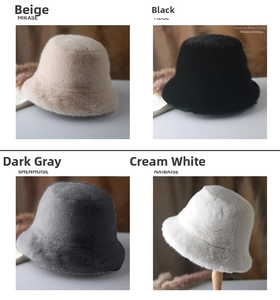 Faux fur bucket hats shown in beige, black, grey and cream colors with plush texture