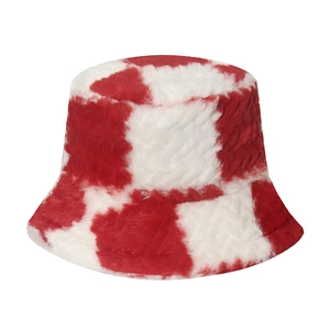 Winter plush checkerboard bucket hat in red and white fuzzy faux fur for women