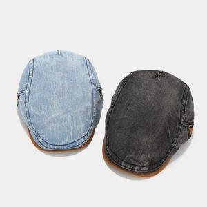 Retro denim beret caps in light blue and dark grey with brown brim trim for men and women