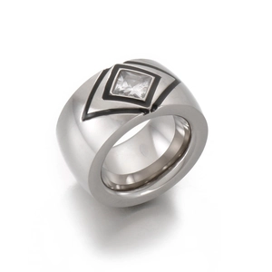 Chunky stainless steel geometric ring with black enamel and square zircon stone
