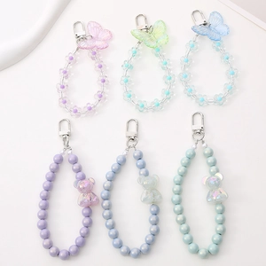 Acrylic Beaded Keychain With Flower Butterfly Teddy Bear Pendant Sweet Iridescent Bag Charm Fashion Phone Strap For Women Girls