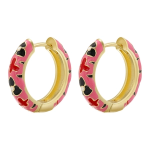 Macro shot of colorful enamel camellia flower patterns on gold C-shape hoop earrings