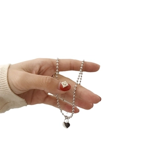 S925 Sterling Silver Beaded Chain Necklace with Solid Heart Pendant for Women