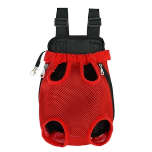 Detail of red mesh pet carrier featuring breathable fabric and adjustable straps