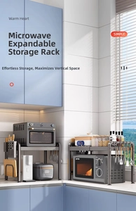 Detail showing retractable metal microwave rack with side hooks in a modern kitchen setting