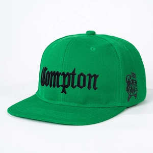 Detailed embroidery of MONEY GANG on a vibrant green flat brim Compton snapback cap