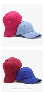 Distressed baseball caps in various colors with vintage ripped details and cotton fabric