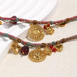 Bohemian 18K gold plated sun pendant necklace with colorful woven cotton cord and gemstones