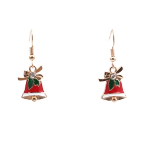 Christmas bell earrings with red enamel, green holly leaves and sparkling rhinestones