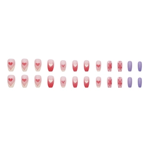 Pink gradient press-on nails with red heart and polka dot patterns, 24-piece set
