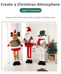 Detailed view of Christmas telescopic plush dolls with knitted reindeer, Santa and snowman
