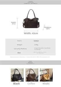 Size chart showing large nylon tote bag dimensions 43x31x12cm with three color options