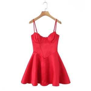 Detail of red satin corset mini dress with underwire bodice and elegant A-line skirt