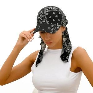 Fashionable black paisley headscarf cap with tie-back design for women, stylish summer accessory