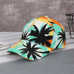 Detail view of tropical coconut tree print on a vibrant six-panel beach baseball cap