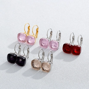 Set of five stainless steel plated square crystal huggie earrings in vibrant colors