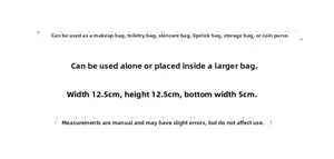 Detailed size chart for the mini mesh makeup pouch showing 12.5 x 12.5 x 5 cm dimensions