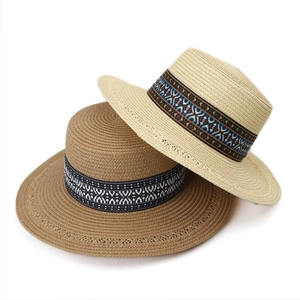 Ethnic Bohemian Flat Top Straw Boater Hat For Women Breathable Sun Protection Beach Travel Summer Vintage Foldable Accessory