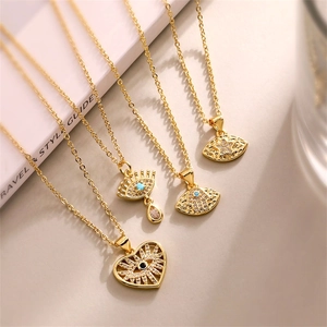 Colliers Pendentif Mauvais Œil Cœur Main De Hamsa Cuivre Zircon Micro Pavé Plaqué Or Bijoux Pour Femmes