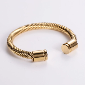 Polished 18K gold-plated stainless steel twisted cable open cuff bracelet for men