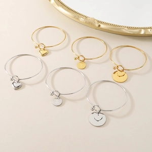 Stainless Steel Bangle Bracelet Heart Pendant Saint Benedict Medal Minimalist Polished Jewelry For Women