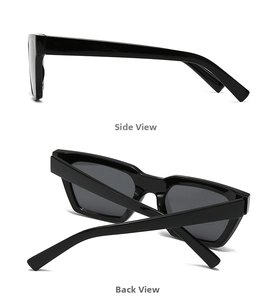 Detail view of black square cat-eye sunglasses with side and back hinge structure