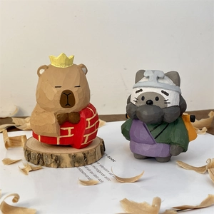 Handcrafted cartoon wood-carved animal figurines set with bear and cat desk ornaments