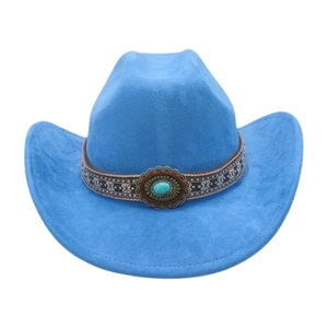 Light blue western cowboy hat with ethnic woven band and turquoise stone ornament