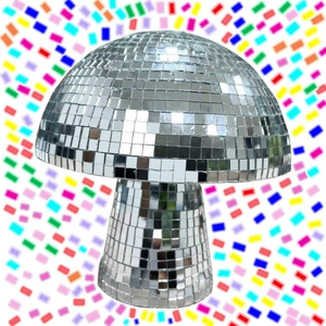 Close-up of a silver mushroom disco ball with reflective mirror tiles for home decor