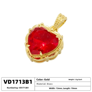 Detailed dimensions of a red heart pendant in gold-plated brass showing 13mm width