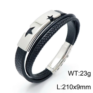 Detail view of multi-layer black leather bracelet with silver star charms and magnetic clasp