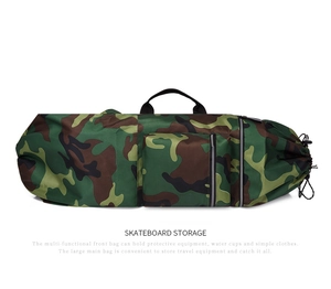 Detail of waterproof camo skateboard bag showing front pocket and durable nylon texture