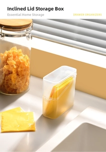 Detail of the slanted opening lid on a translucent cheese and tea bag storage box