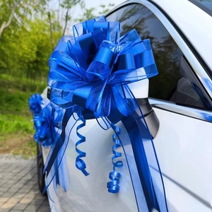 Detail of royal blue macaron bow ribbon on white car mirror for wedding decoration