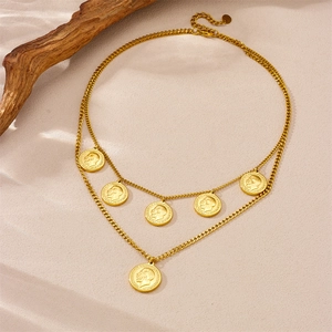Double-layer gold plated stainless steel coin necklace with vintage embossed portraits