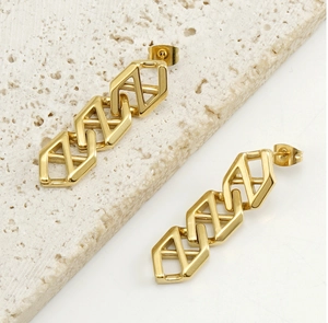 Detailed view of 18K gold plated stainless steel earrings with geometric chain links