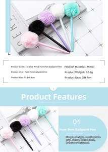 Detailed size specifications and weight info for colorful plush ball metal pens