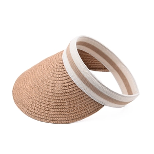 Women's summer straw sun visor hat with stylish striped elastic headband in light brown