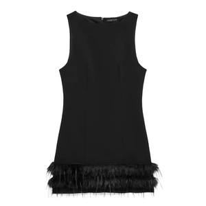 Robe Courte Sans Manches Col Rond Moulante Polyester Ourlet À Plumes Élégant Style De Fête Célébrité Femmes Noir