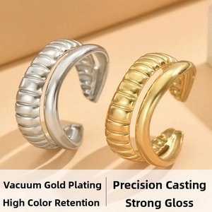 Macro shot of double-layered ribbed ring in gold and silver with vacuum plating finish