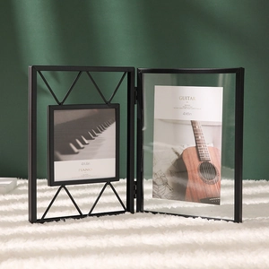 Nordic black metal folding double photo frame with geometric design and glass panels