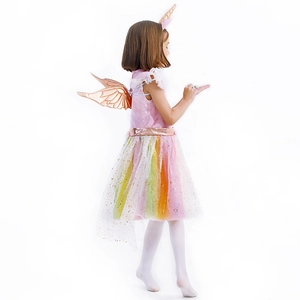 Detail view of unicorn costume set with rainbow mesh tutu and metallic rose gold wings