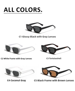Detailed grid of five rectangular sunglasses in black, white, tortoise, and grey colors
