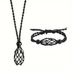 Handmade black woven cord necklace and bracelet set with adjustable net stone holders