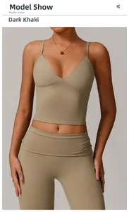 Detail shot of deep khaki high-waisted yoga leggings and matching V-neck sports bra